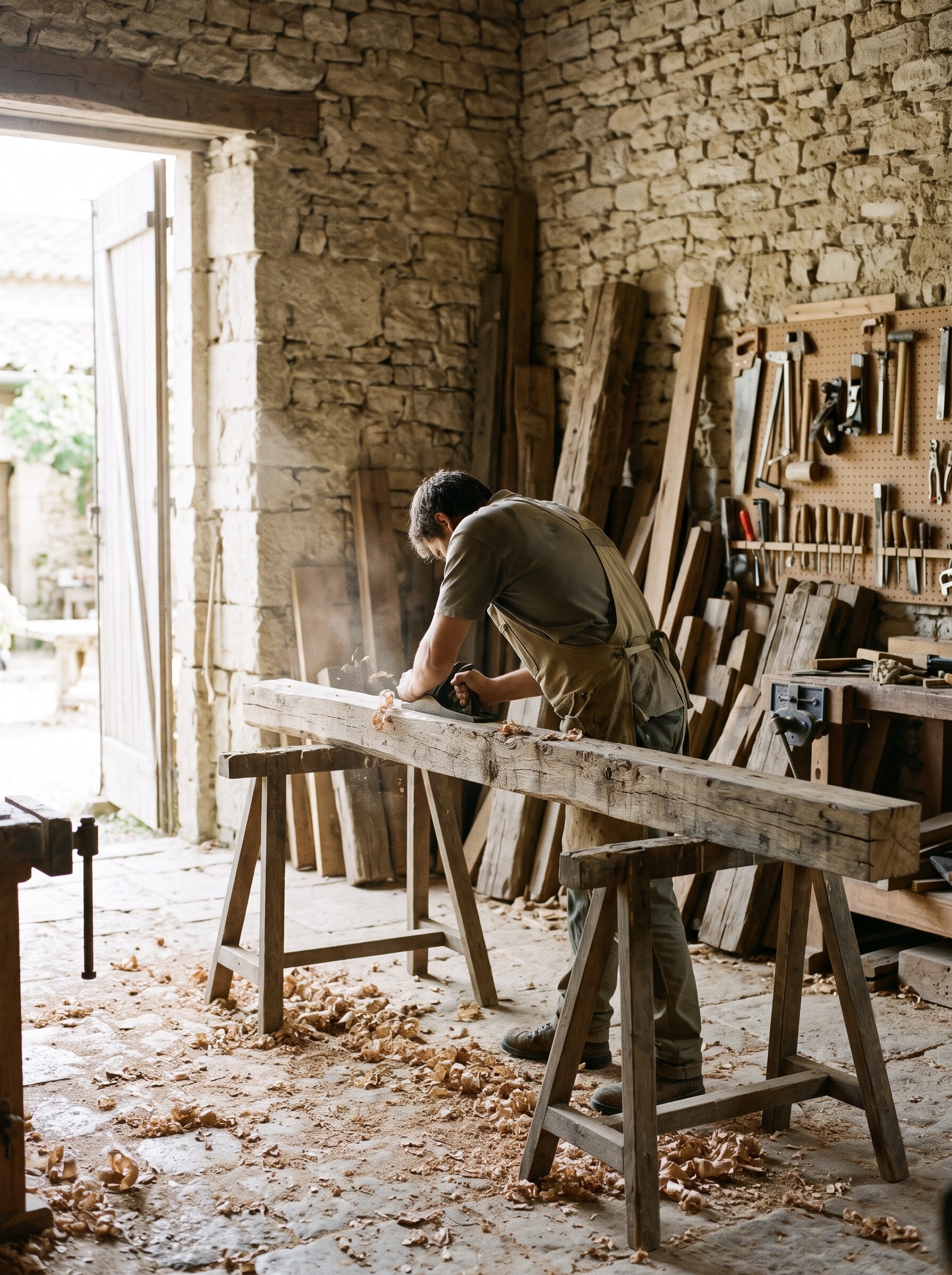 A joiner planing an old oak beam on trestles in a stone workshop, morning light through the door